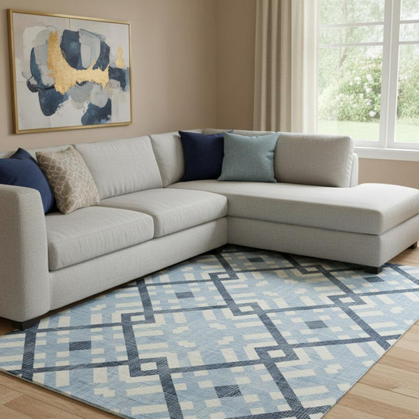 HomeRoots 10' X 14' Sky Blue and Ivory Geometric Washable Area Rug with UV Protection for Modern Homes 651430