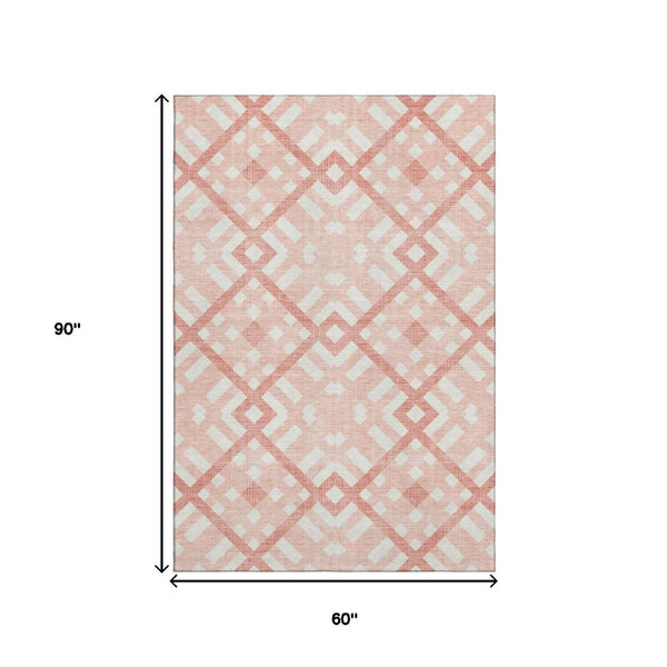 HomeRoots 5' X 8' Salmon and Ivory Geometric Area Rug – UV Protected, Stain-Resistant, Soft Durable Polyester! 651432