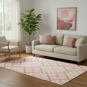 HomeRoots 5' X 8' Salmon and Ivory Geometric Area Rug – UV Protected, Stain-Resistant, Soft Durable Polyester! 651432