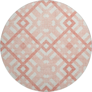 HomeRoots 8' Salmon and Ivory Geometric Round Rug - Washable, UV Protected, Non-Slip for High-Traffic Areas 651433