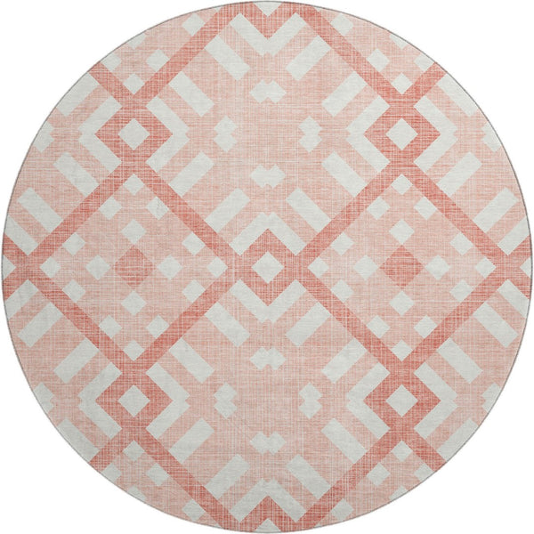 HomeRoots 8' Salmon and Ivory Geometric Round Rug - Washable, UV Protected, Non-Slip for High-Traffic Areas 651433