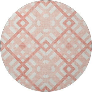 HomeRoots 8' Salmon and Ivory Geometric Round Rug - Washable, UV Protected, Non-Slip for High-Traffic Areas 651433
