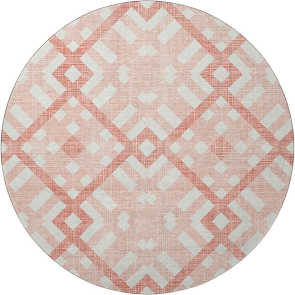 HomeRoots 8' Salmon and Ivory Geometric Round Rug - Washable, UV Protected, Non-Slip for High-Traffic Areas 651433