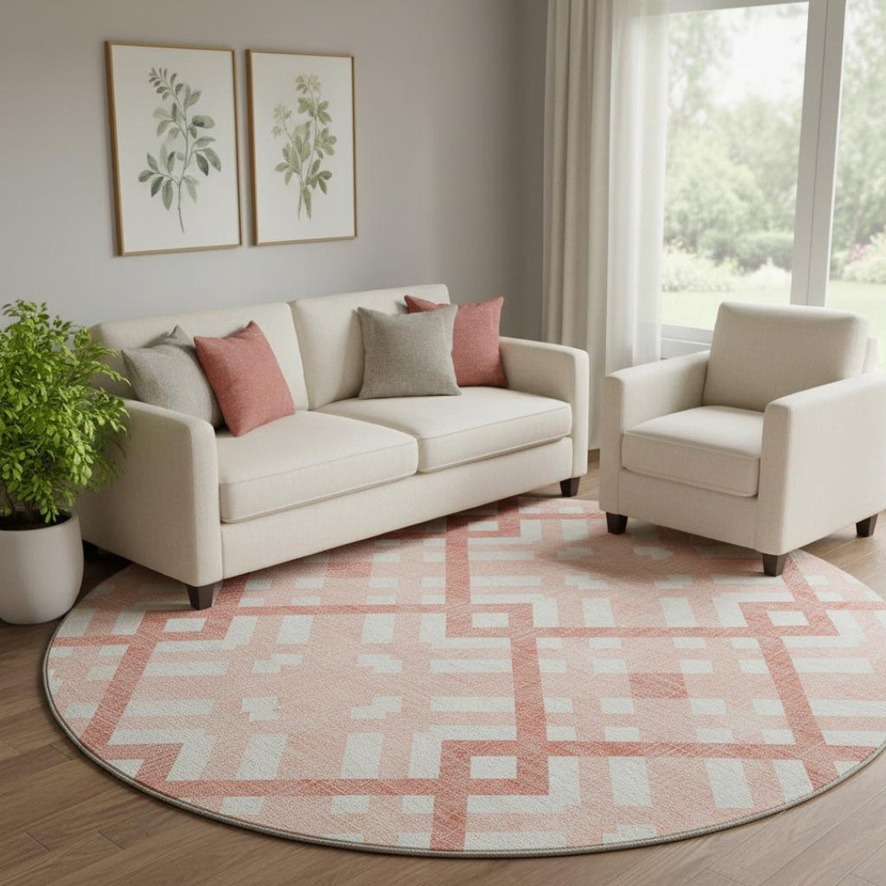 HomeRoots 8' Salmon and Ivory Geometric Round Rug - Washable, UV Protected, Non-Slip for High-Traffic Areas 651433