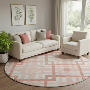 HomeRoots 8' Salmon and Ivory Geometric Round Rug - Washable, UV Protected, Non-Slip for High-Traffic Areas 651433