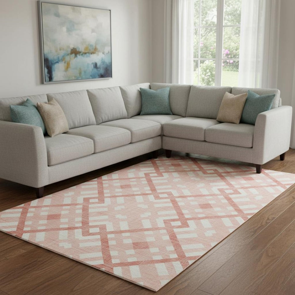 HomeRoots 8' X 10' Salmon & Ivory Geometric Area Rug - Stylish, Washable, UV-Protected for Modern Spaces 651434