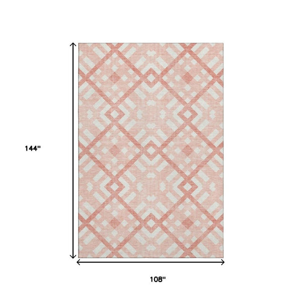 HomeRoots 9' X 12' Salmon & Ivory Geometric Area Rug - Stylish, Washable, UV-Protected for High-Traffic Spaces 651435