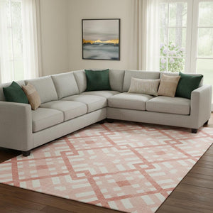 HomeRoots 9' X 12' Salmon & Ivory Geometric Area Rug - Stylish, Washable, UV-Protected for High-Traffic Spaces 651435