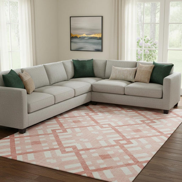 HomeRoots 9' X 12' Salmon & Ivory Geometric Area Rug - Stylish, Washable, UV-Protected for High-Traffic Spaces 651435