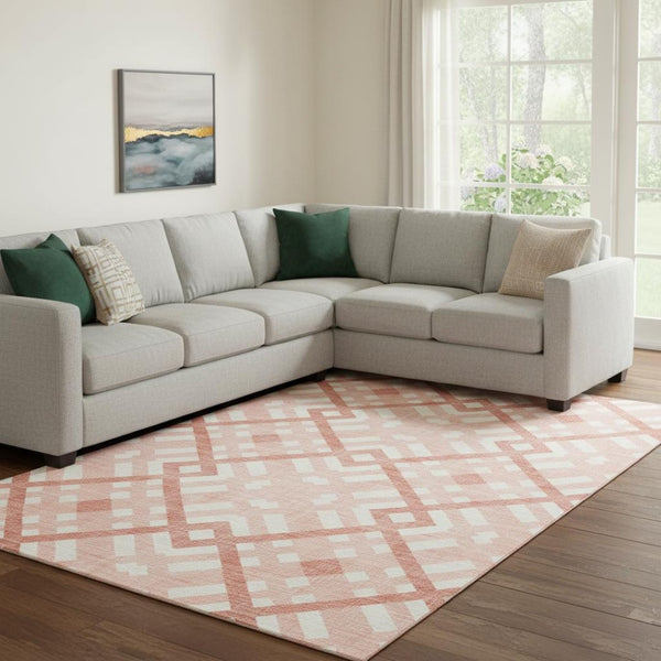 HomeRoots 10' X 14' Salmon & Ivory Geometric Area Rug - Washable, Stain Resistant, UV Protected for Easy Care 651436
