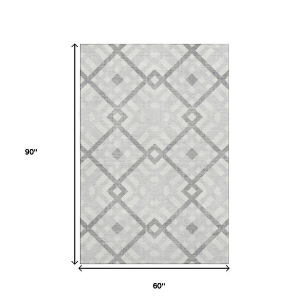 HomeRoots 5' X 8' Modern Silver & Ivory Geometric Area Rug - Washable, UV-Resistant, Perfect for Any Space! 651438