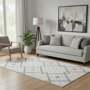 HomeRoots 5' X 8' Modern Silver & Ivory Geometric Area Rug - Washable, UV-Resistant, Perfect for Any Space! 651438