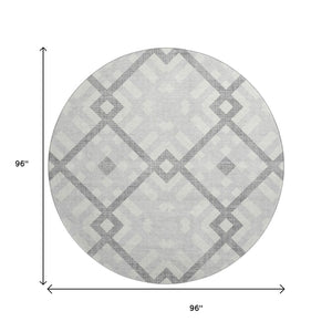 HomeRoots 8' Silver and Ivory Geometric Round Rug - Washable, UV Protected, Stylish for Living Spaces & Patios 651439