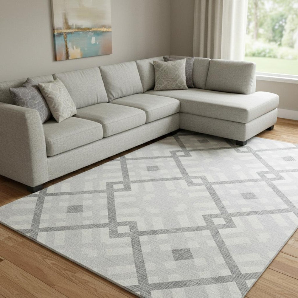 HomeRoots 8' X 10' Silver and Ivory Geometric Area Rug - Washable, UV-Protected, Stylish for High-Traffic Homes 651440
