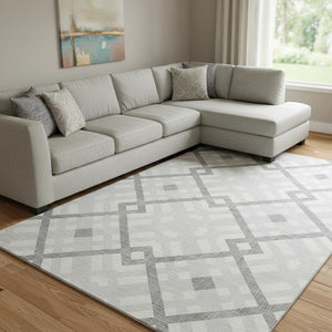 HomeRoots 8' X 10' Silver and Ivory Geometric Area Rug - Washable, UV-Protected, Stylish for High-Traffic Homes 651440