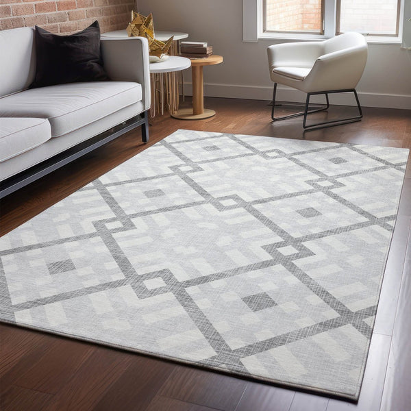 HomeRoots 8' X 10' Silver and Ivory Geometric Area Rug - Washable, UV-Protected, Stylish for High-Traffic Homes 651440