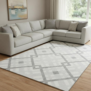 HomeRoots 9' X 12' Silver And Ivory Geometric Area Rug - Stylish, Washable, UV-Protected, Perfect for Busy Homes 651441