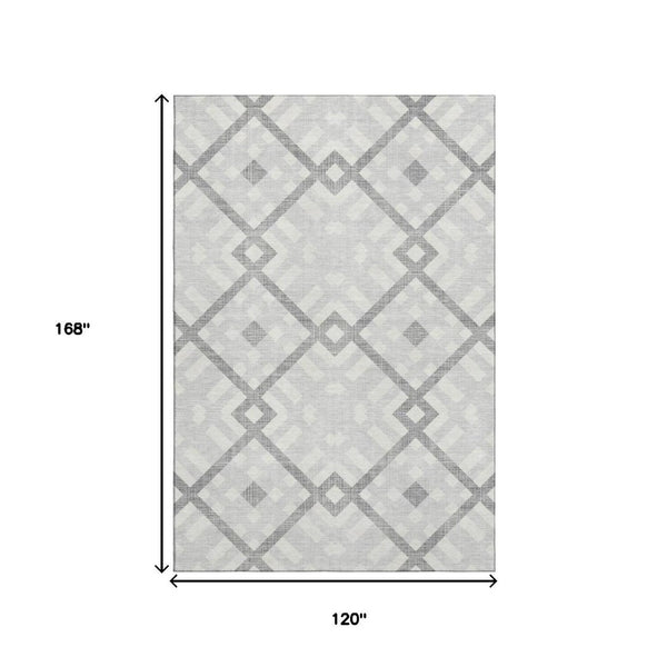 HomeRoots 10' X 14' Silver and Ivory Geometric Area Rug – Washable, UV-Protected, Modern Design for Any Space! 651442