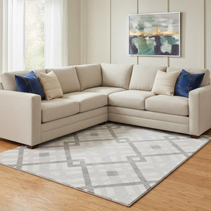 HomeRoots 10' X 14' Silver and Ivory Geometric Area Rug – Washable, UV-Protected, Modern Design for Any Space! 651442