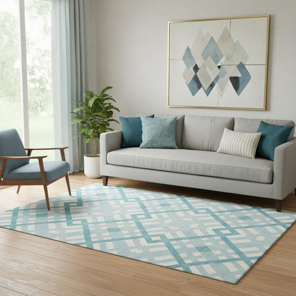 HomeRoots 5' X 8' Modern Teal and Ivory Geometric Area Rug - Washable, UV Protected, Stain-Resistant Beauty 651444