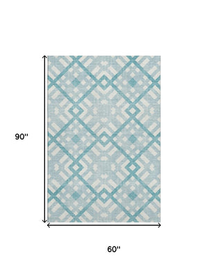 HomeRoots 5' X 8' Modern Teal and Ivory Geometric Area Rug - Washable, UV Protected, Stain-Resistant Beauty 651444