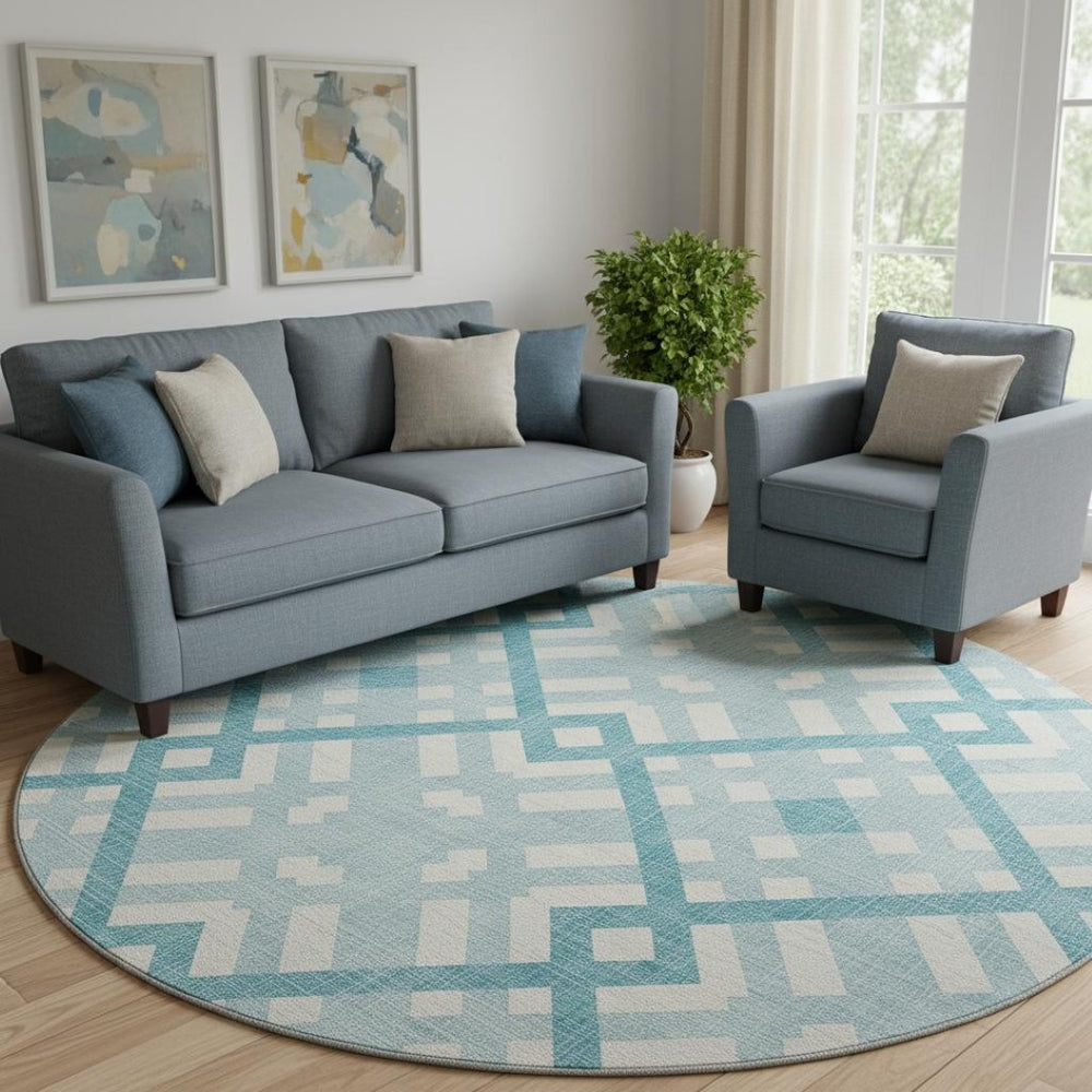 HomeRoots 8' Teal and Ivory Geometric Round Rug - Washable, UV-Protected, Durable, Perfect for Homes with Kids! 651445