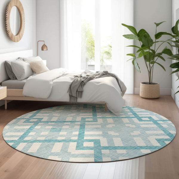 HomeRoots 8' Teal and Ivory Geometric Round Rug - Washable, UV-Protected, Durable, Perfect for Homes with Kids! 651445