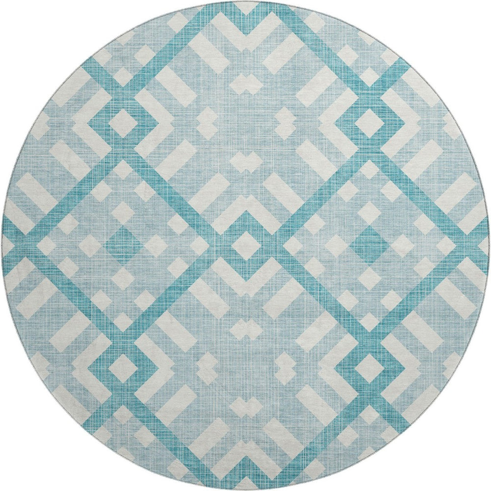 HomeRoots 8' Teal and Ivory Geometric Round Rug - Washable, UV-Protected, Durable, Perfect for Homes with Kids! 651445