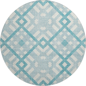 HomeRoots 8' Teal and Ivory Geometric Round Rug - Washable, UV-Protected, Durable, Perfect for Homes with Kids! 651445