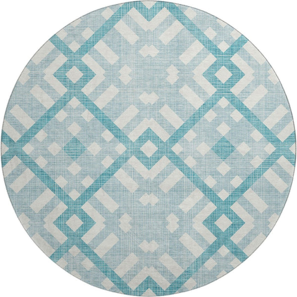 HomeRoots 8' Teal and Ivory Geometric Round Rug - Washable, UV-Protected, Durable, Perfect for Homes with Kids! 651445