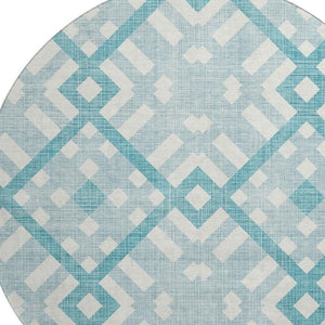 HomeRoots 8' Teal and Ivory Geometric Round Rug - Washable, UV-Protected, Durable, Perfect for Homes with Kids! 651445