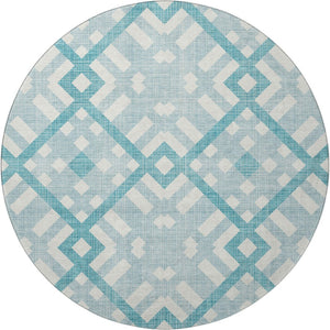 HomeRoots 8' Teal and Ivory Geometric Round Rug - Washable, UV-Protected, Durable, Perfect for Homes with Kids! 651445