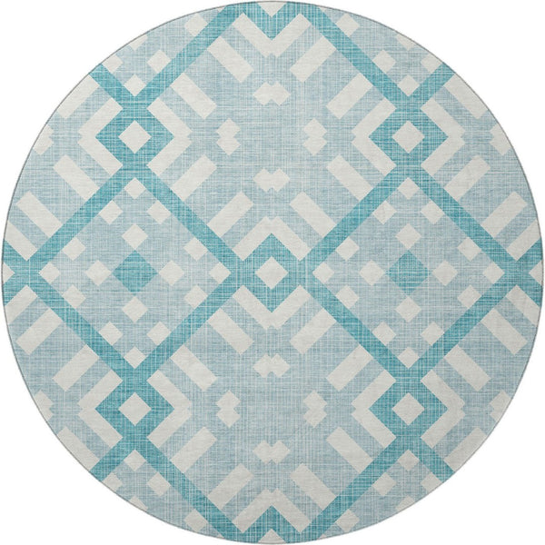 HomeRoots 8' Teal and Ivory Geometric Round Rug - Washable, UV-Protected, Durable, Perfect for Homes with Kids! 651445