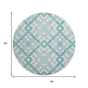 HomeRoots 8' Teal and Ivory Geometric Round Rug - Washable, UV-Protected, Durable, Perfect for Homes with Kids! 651445