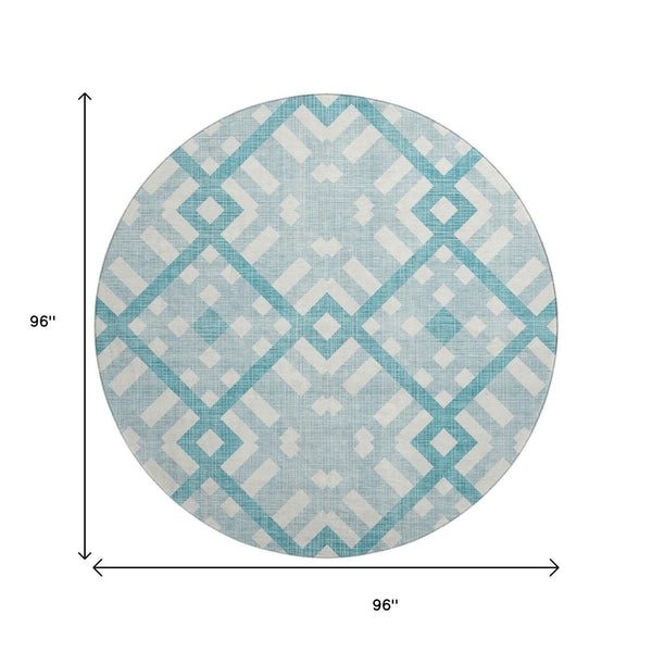 HomeRoots 8' Teal and Ivory Geometric Round Rug - Washable, UV-Protected, Durable, Perfect for Homes with Kids! 651445