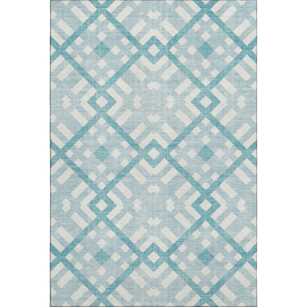 HomeRoots 8' X 10' Teal and Ivory Geometric Washable Area Rug - Durable, Stain Resistant, UV Protected Design 651446