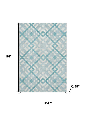 HomeRoots 8' X 10' Teal and Ivory Geometric Washable Area Rug - Durable, Stain Resistant, UV Protected Design 651446