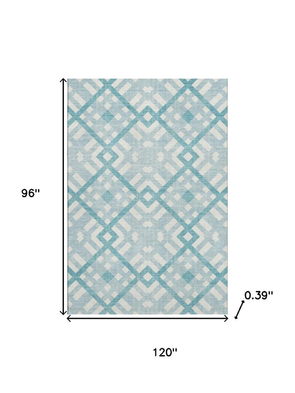 HomeRoots 8' X 10' Teal and Ivory Geometric Washable Area Rug - Durable, Stain Resistant, UV Protected Design 651446