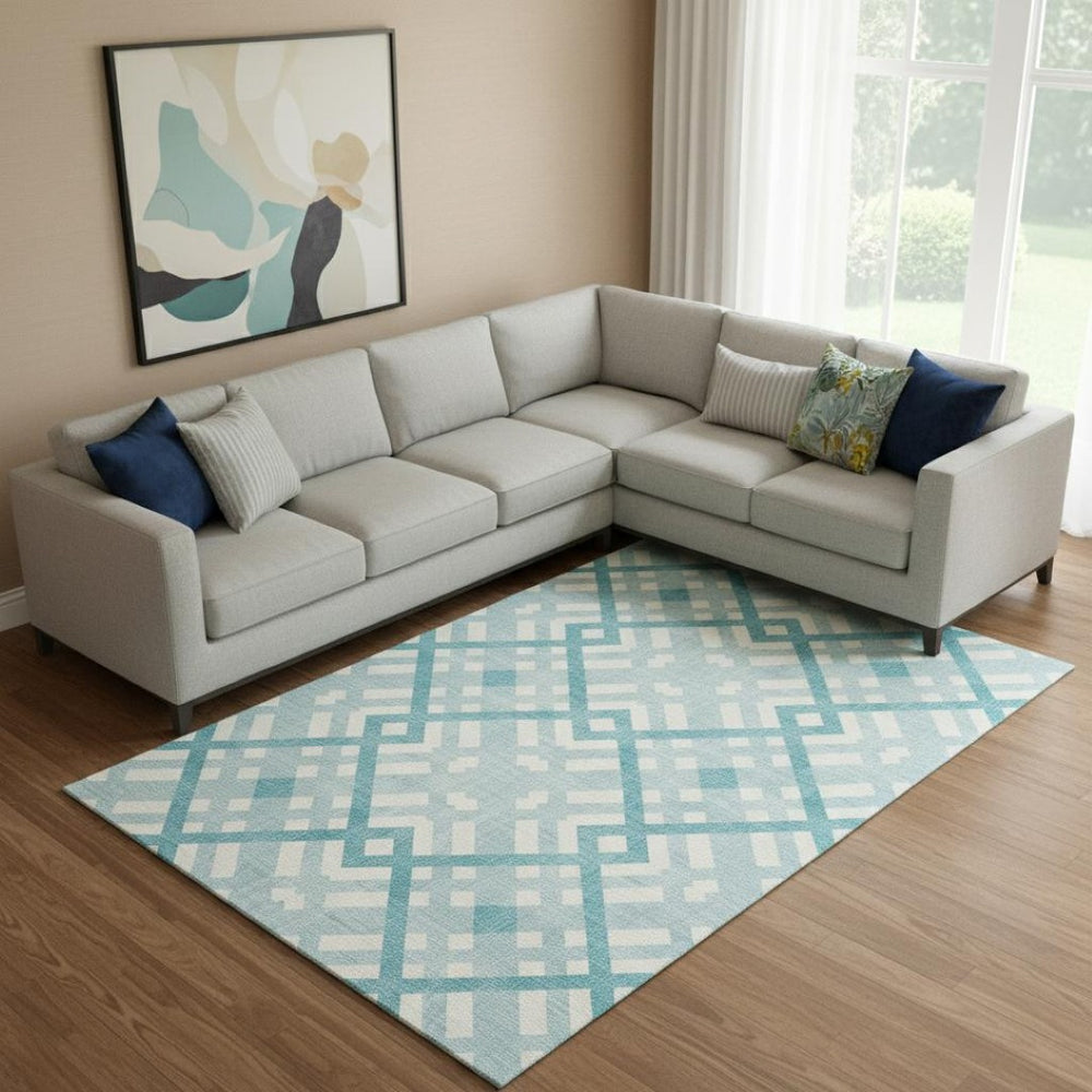 HomeRoots 8' X 10' Teal and Ivory Geometric Washable Area Rug - Durable, Stain Resistant, UV Protected Design 651446
