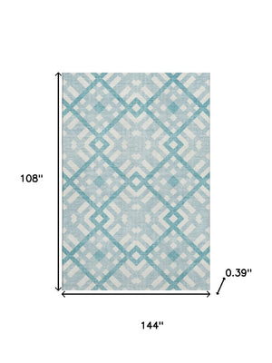 HomeRoots 9' X 12' Teal and Ivory Geometric Area Rug - Washable, UV Protected, Perfect for High-Traffic Spaces! 651447
