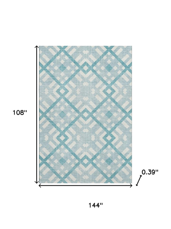 HomeRoots 9' X 12' Teal and Ivory Geometric Area Rug - Washable, UV Protected, Perfect for High-Traffic Spaces! 651447