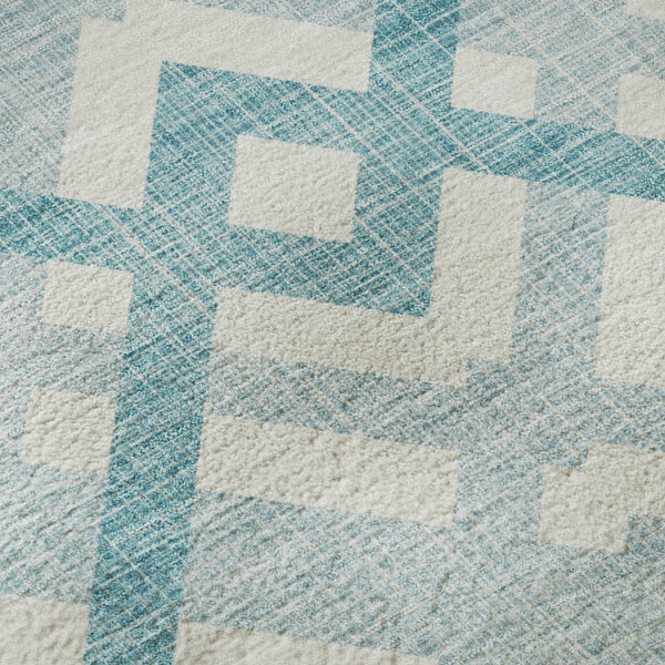 HomeRoots 9' X 12' Teal and Ivory Geometric Area Rug - Washable, UV Protected, Perfect for High-Traffic Spaces! 651447