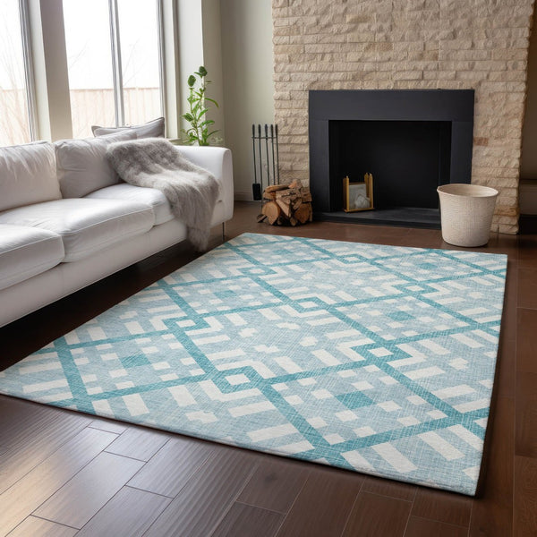 HomeRoots 9' X 12' Teal and Ivory Geometric Area Rug - Washable, UV Protected, Perfect for High-Traffic Spaces! 651447