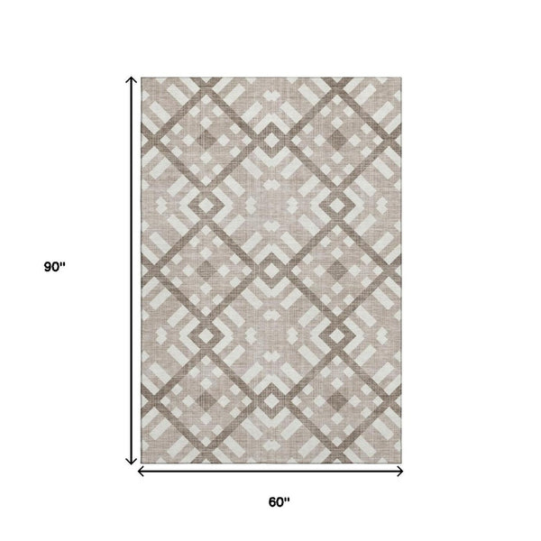 HomeRoots 5' X 8' Taupe and Ivory Geometric Area Rug – Stain Resistant, UV Protected, Durable & Stylish Design 651450