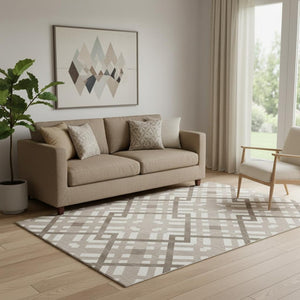 HomeRoots 5' X 8' Taupe and Ivory Geometric Area Rug – Stain Resistant, UV Protected, Durable & Stylish Design 651450