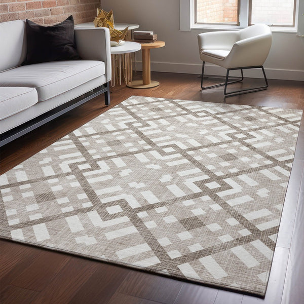 HomeRoots 5' X 8' Taupe and Ivory Geometric Area Rug – Stain Resistant, UV Protected, Durable & Stylish Design 651450