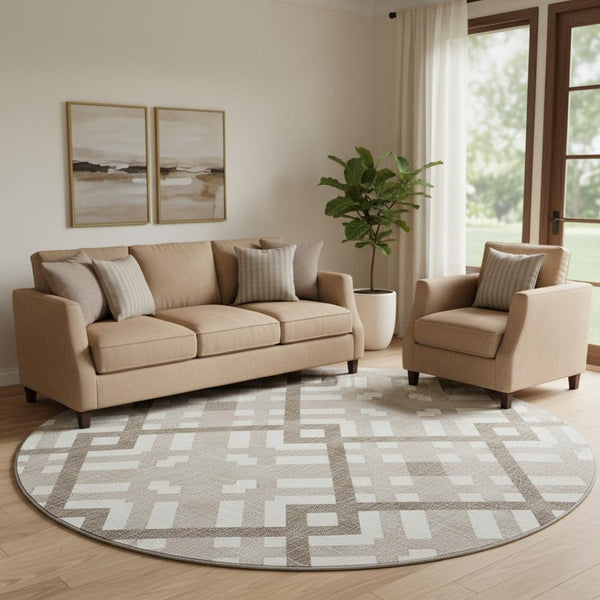 HomeRoots 8' Taupe and Ivory Geometric Washable Round Rug - Durable, Stain Resistant, UV Protected for Modern Homes 651451
