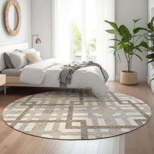 HomeRoots 8' Taupe and Ivory Geometric Washable Round Rug - Durable, Stain Resistant, UV Protected for Modern Homes 651451