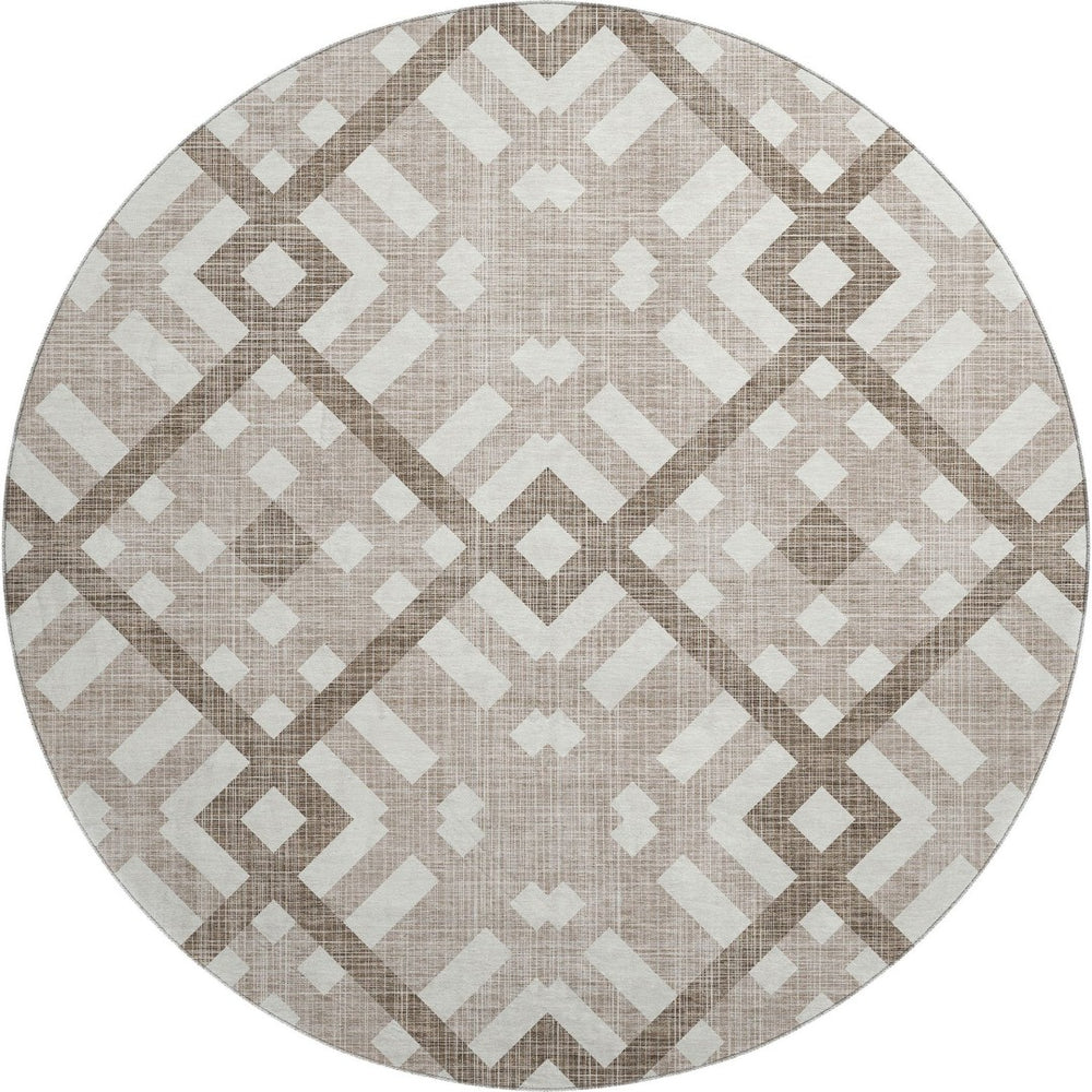 HomeRoots 8' Taupe and Ivory Geometric Washable Round Rug - Durable, Stain Resistant, UV Protected for Modern Homes 651451