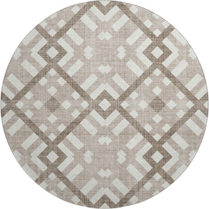 HomeRoots 8' Taupe and Ivory Geometric Washable Round Rug - Durable, Stain Resistant, UV Protected for Modern Homes 651451